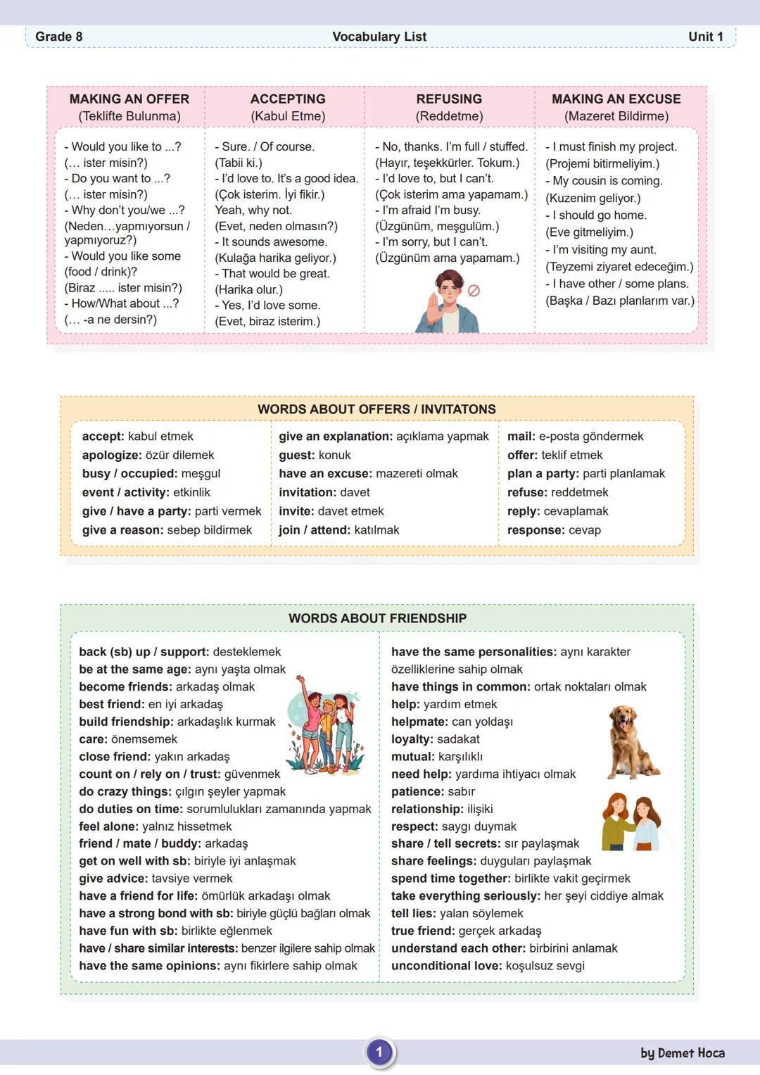 Grade 8
Vocabulary List
Unit 1
MAKING AN OFFER
(Teklifte Bulunma)
- Would you like to ...?
(... ister misin?)
- Do you want to ...?
(... ist