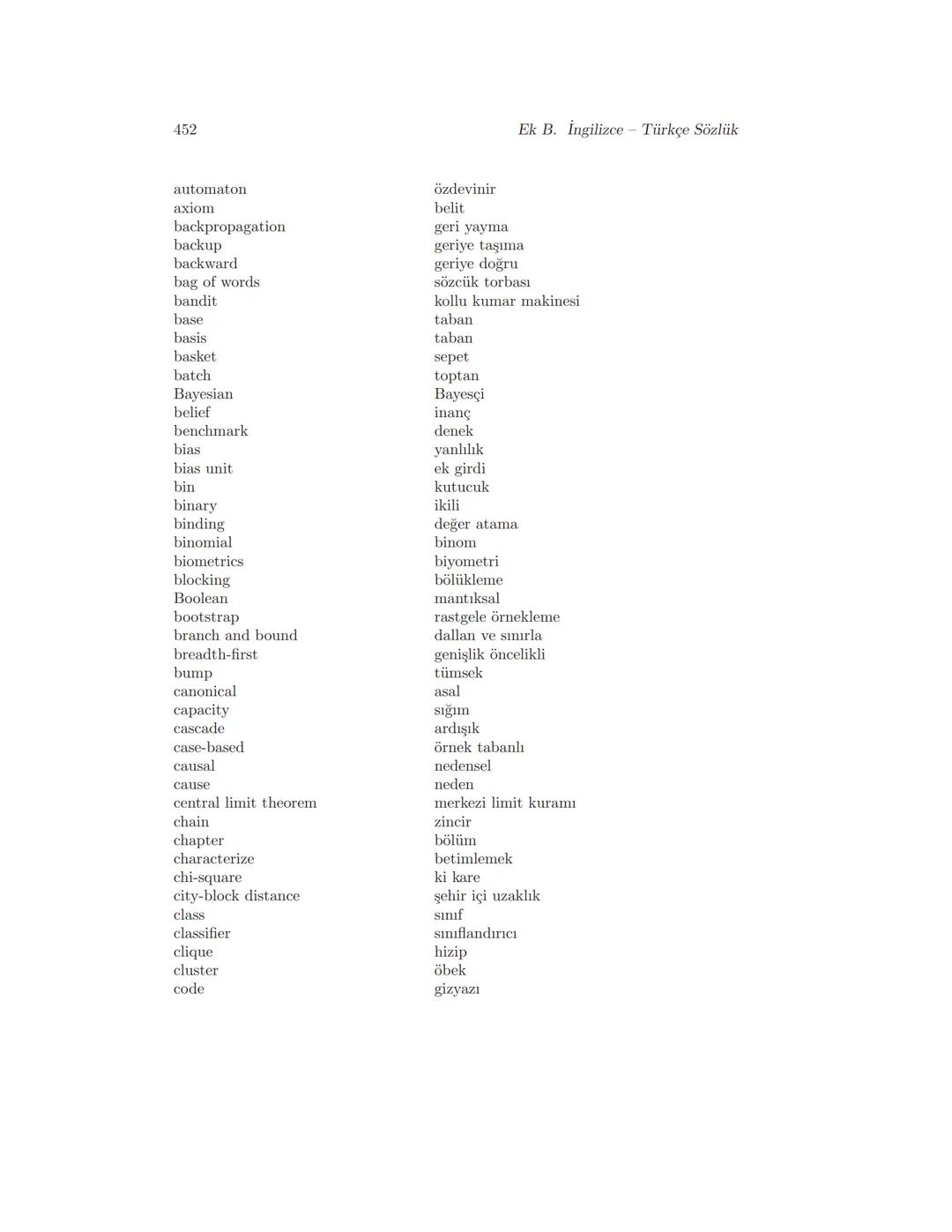 Ek B
İngilizce Türkçe Sözlük
-
İngilizce
action
activation
active
acyclic
adaptation
additive
aerodynamics
agent
agglomerative
algorithm
ali