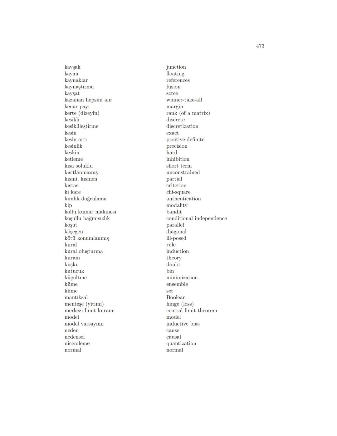 Ek B
İngilizce Türkçe Sözlük
-
İngilizce
action
activation
active
acyclic
adaptation
additive
aerodynamics
agent
agglomerative
algorithm
ali