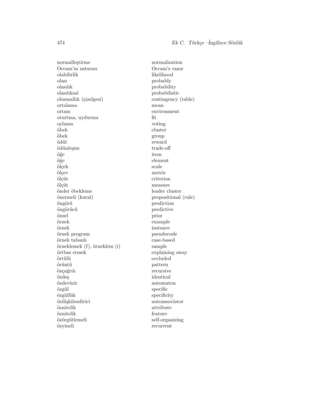 Ek B
İngilizce Türkçe Sözlük
-
İngilizce
action
activation
active
acyclic
adaptation
additive
aerodynamics
agent
agglomerative
algorithm
ali