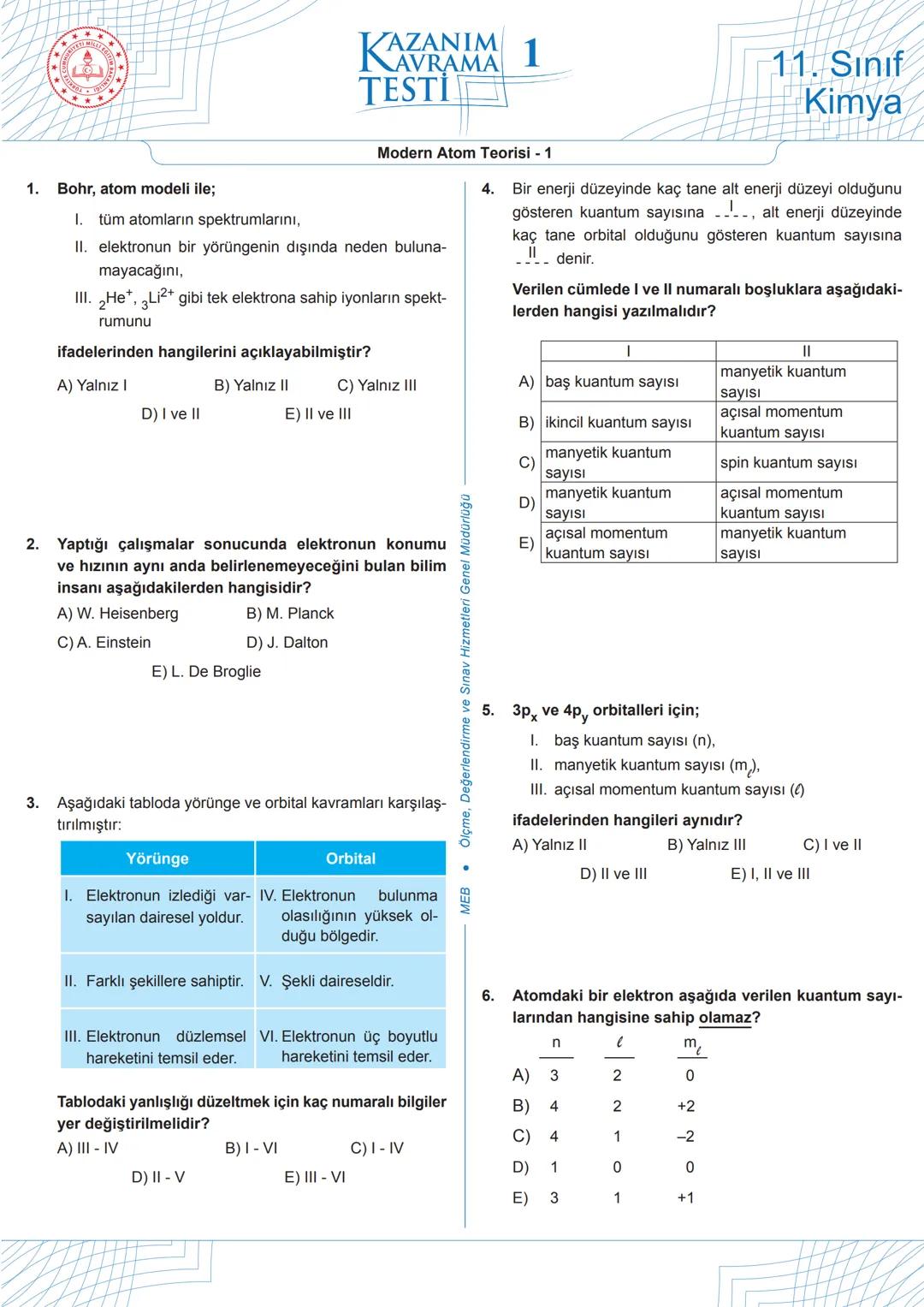 ★
***
M
+
ILL
*
EGIT
ול!
KAZANIM 1
TESTI
AVRAMA
11. Sınıf
Kimya
1.
Bohr, atom modeli ile;
1. tüm atomların spektrumlarını,
Modern Atom Teori