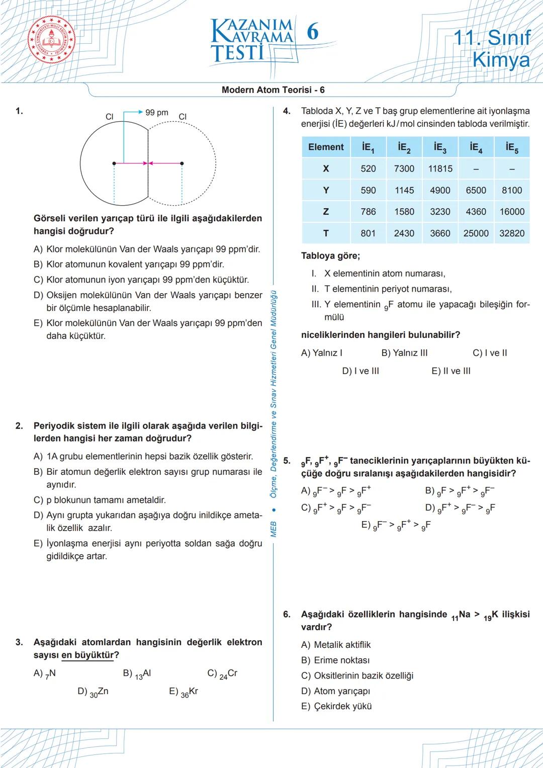 ★
***
M
+
ILL
*
EGIT
ול!
KAZANIM 1
TESTI
AVRAMA
11. Sınıf
Kimya
1.
Bohr, atom modeli ile;
1. tüm atomların spektrumlarını,
Modern Atom Teori