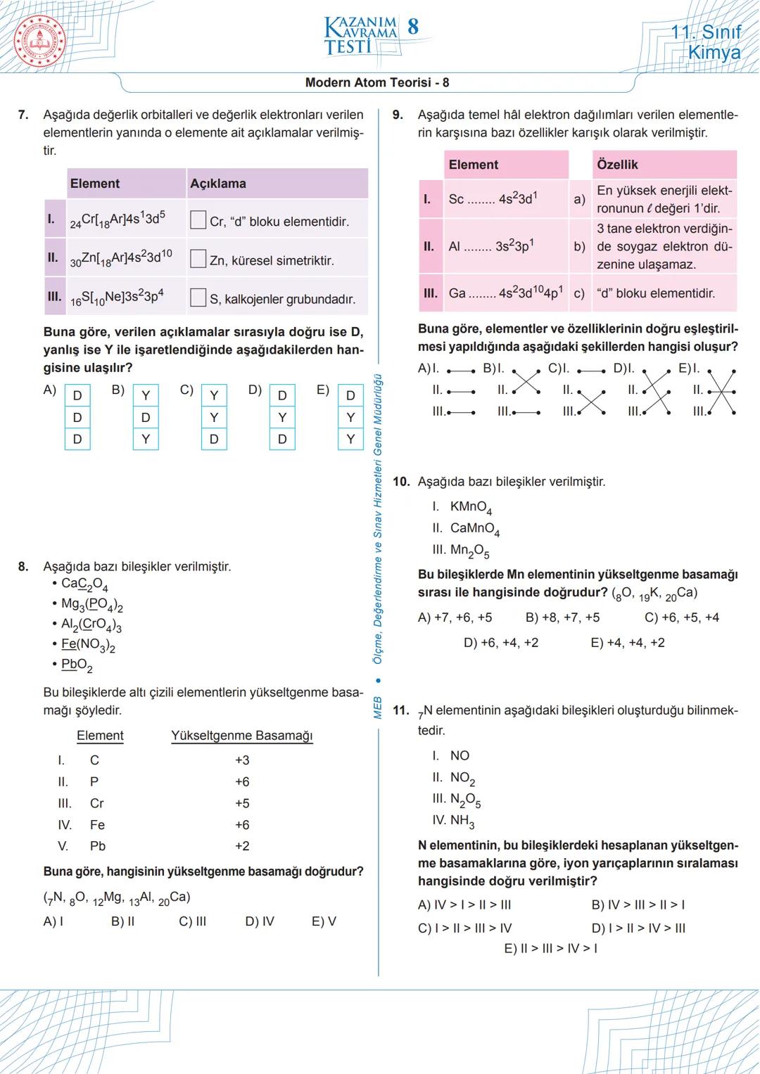 ★
***
M
+
ILL
*
EGIT
ול!
KAZANIM 1
TESTI
AVRAMA
11. Sınıf
Kimya
1.
Bohr, atom modeli ile;
1. tüm atomların spektrumlarını,
Modern Atom Teori