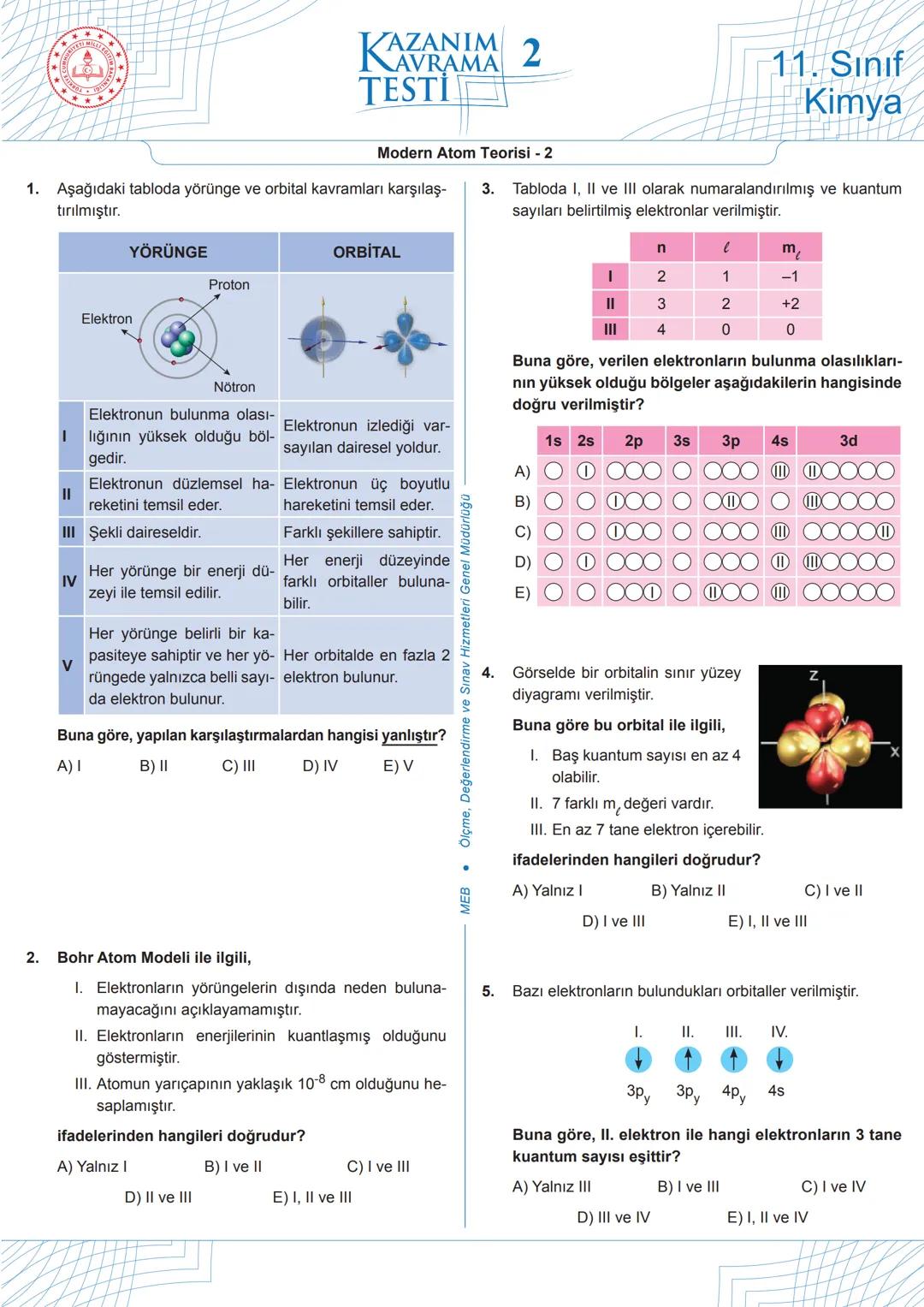 ★
***
M
+
ILL
*
EGIT
ול!
KAZANIM 1
TESTI
AVRAMA
11. Sınıf
Kimya
1.
Bohr, atom modeli ile;
1. tüm atomların spektrumlarını,
Modern Atom Teori
