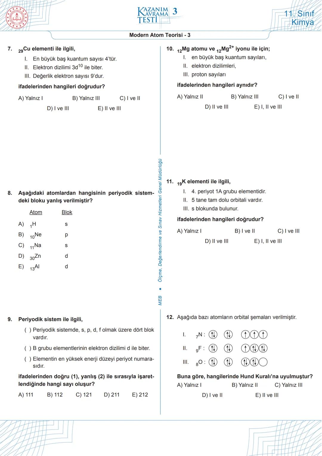 ★
***
M
+
ILL
*
EGIT
ול!
KAZANIM 1
TESTI
AVRAMA
11. Sınıf
Kimya
1.
Bohr, atom modeli ile;
1. tüm atomların spektrumlarını,
Modern Atom Teori