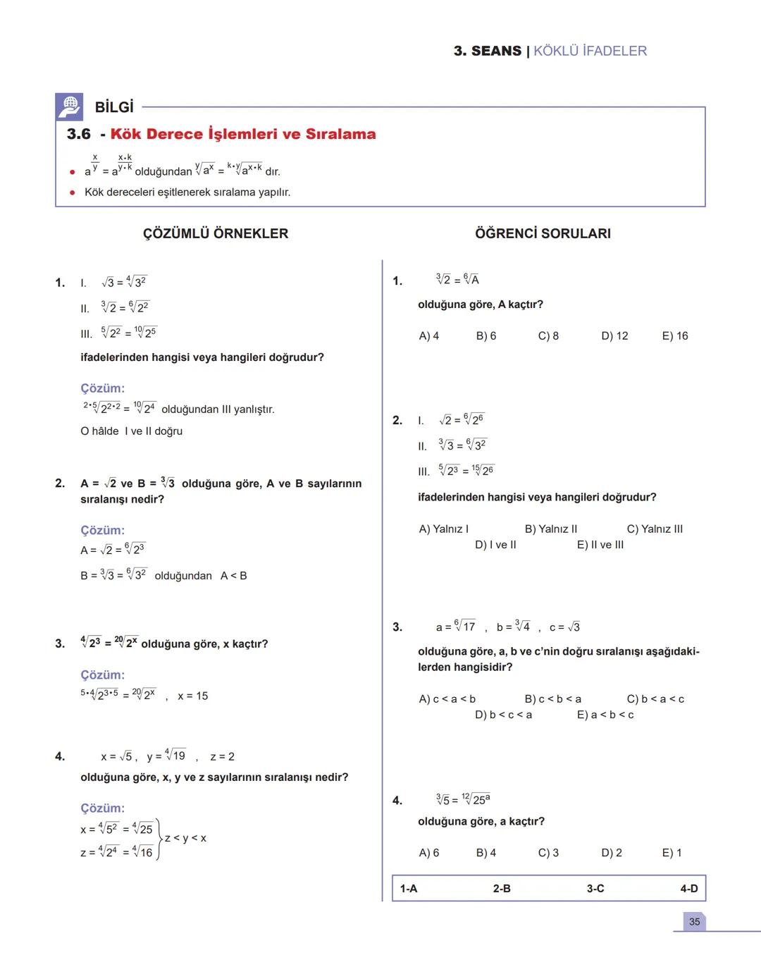 1. SEANS |ÜSLÜ İFADELER
BİLGİ
1.1 - Toplam - Çarpım - Üs Kavramları
•
a gerçek sayı ve n pozitif tam sayı olmak üzere,
a+a++ a = n.a
n tane