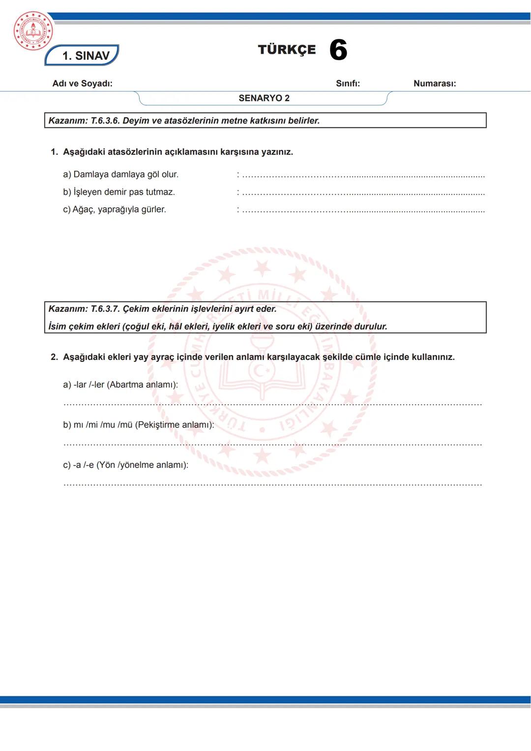 # TÜRKÇE 6
1. SINAV
6. SINIF 1. DÖNEM 1. ORTAK YAZILI KONU SORU DAĞILIM TABLOSU VE ÖRNEK SENARYOLAR
Konu soru dağılım tablosu, öğretim pr