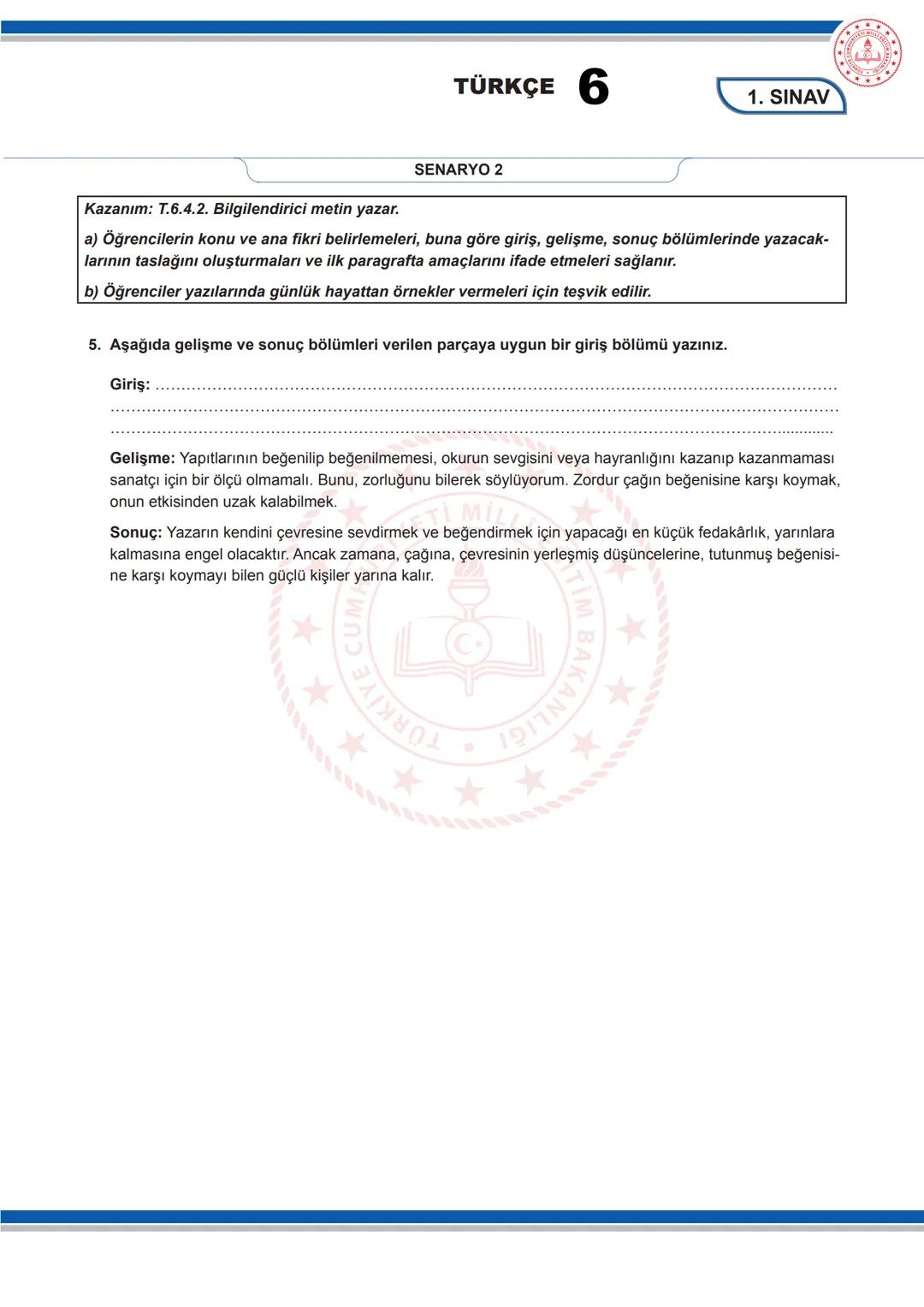 # TÜRKÇE 6
1. SINAV
6. SINIF 1. DÖNEM 1. ORTAK YAZILI KONU SORU DAĞILIM TABLOSU VE ÖRNEK SENARYOLAR
Konu soru dağılım tablosu, öğretim pr