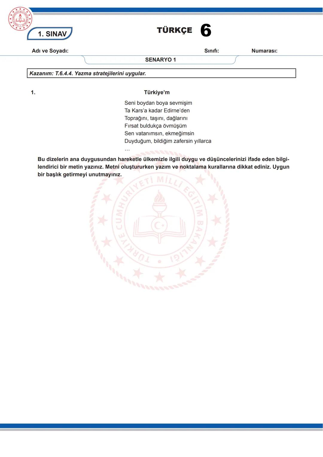 # TÜRKÇE 6
1. SINAV
6. SINIF 1. DÖNEM 1. ORTAK YAZILI KONU SORU DAĞILIM TABLOSU VE ÖRNEK SENARYOLAR
Konu soru dağılım tablosu, öğretim pr