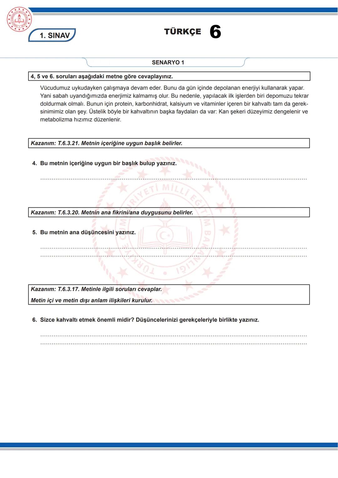# TÜRKÇE 6
1. SINAV
6. SINIF 1. DÖNEM 1. ORTAK YAZILI KONU SORU DAĞILIM TABLOSU VE ÖRNEK SENARYOLAR
Konu soru dağılım tablosu, öğretim pr