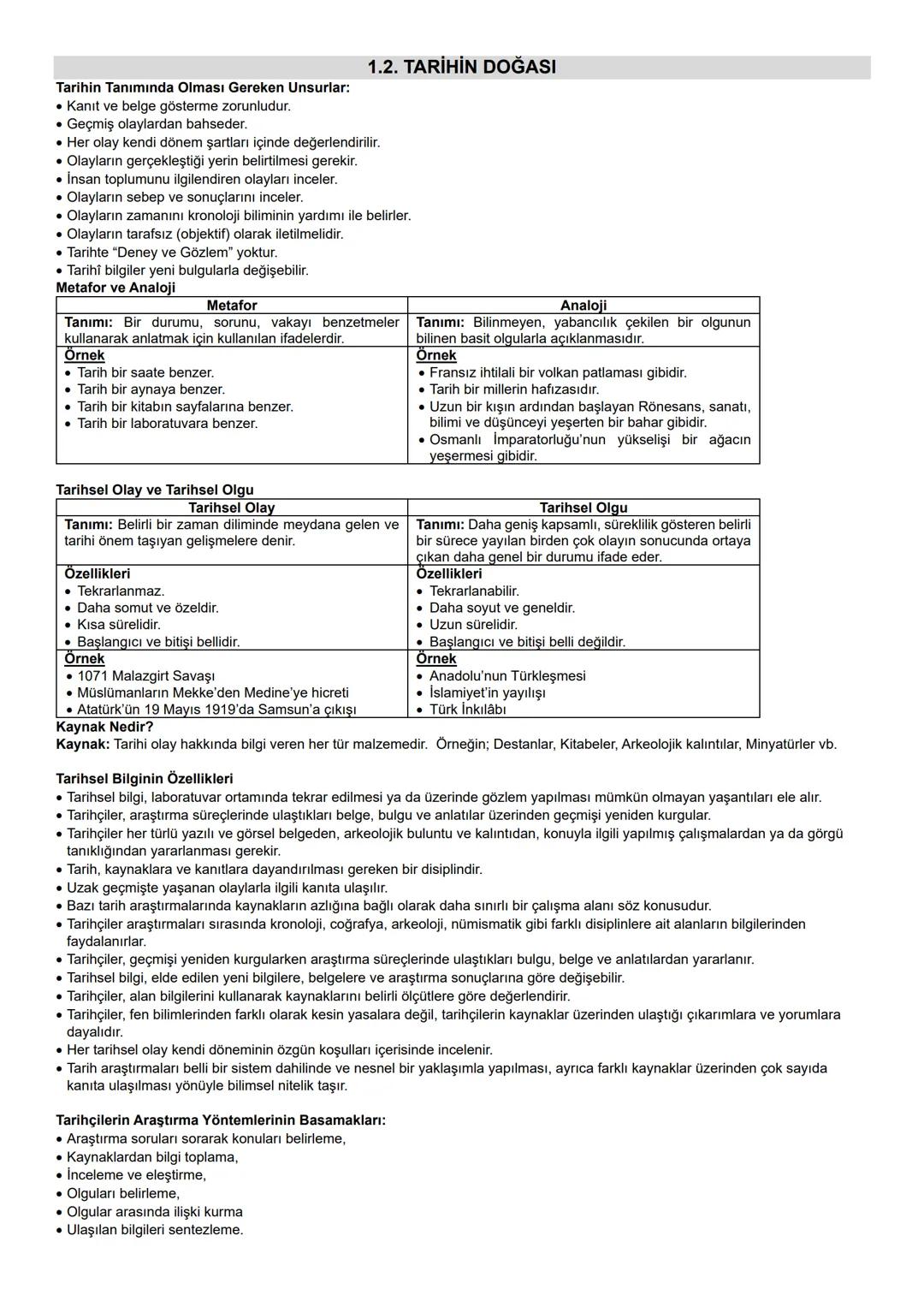 Tarihin Tanımında Olması Gereken Unsurlar:
Kanıt ve belge gösterme zorunludur.
• Geçmiş olaylardan bahseder.
1.2. TARİHİN DOĞASI
• Her olay