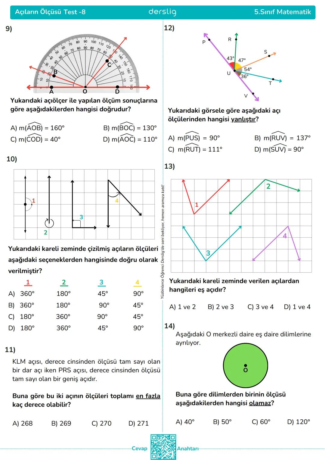# Açıların Ölçüsü Test -8
Doğru:
derslig
Yanlış:
5.Sınıf Matematik
Boş:
1) Standart açı ölçme birimi aşağıdakilerden
hangisidir?
A) M