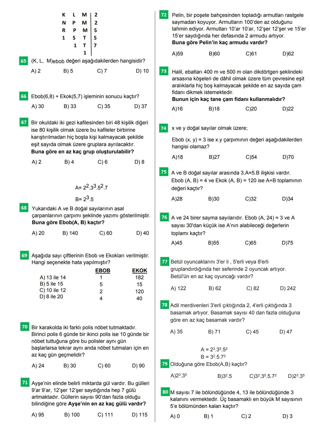 100 SORUDA
EN BÜYÜK ORTAK
BÖLEN
EN BÜYÜK ORTAK
KAT
CEVAP ANAHTARI
Bu testteki sorular internet üzerinde yayınlanan sorulardan derlenmiştir