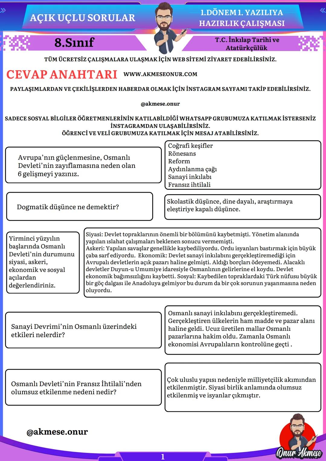 AÇIK UÇLU SORULAR
8.Sınıf
1.DÖNEM 1. YAZILIYA
HAZIRLIK ÇALIŞMASI
T.C. İnkılap Tarihi ve
Atatürkçülük
TÜM ÜCRETSİZ ÇALIŞMALARA ULAŞMAK İÇİN W
