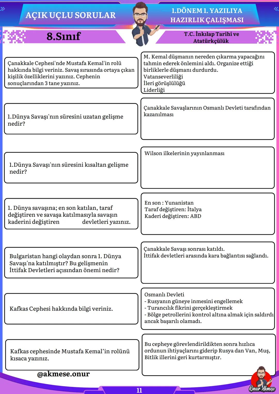 AÇIK UÇLU SORULAR
8.Sınıf
1.DÖNEM 1. YAZILIYA
HAZIRLIK ÇALIŞMASI
T.C. İnkılap Tarihi ve
Atatürkçülük
TÜM ÜCRETSİZ ÇALIŞMALARA ULAŞMAK İÇİN W