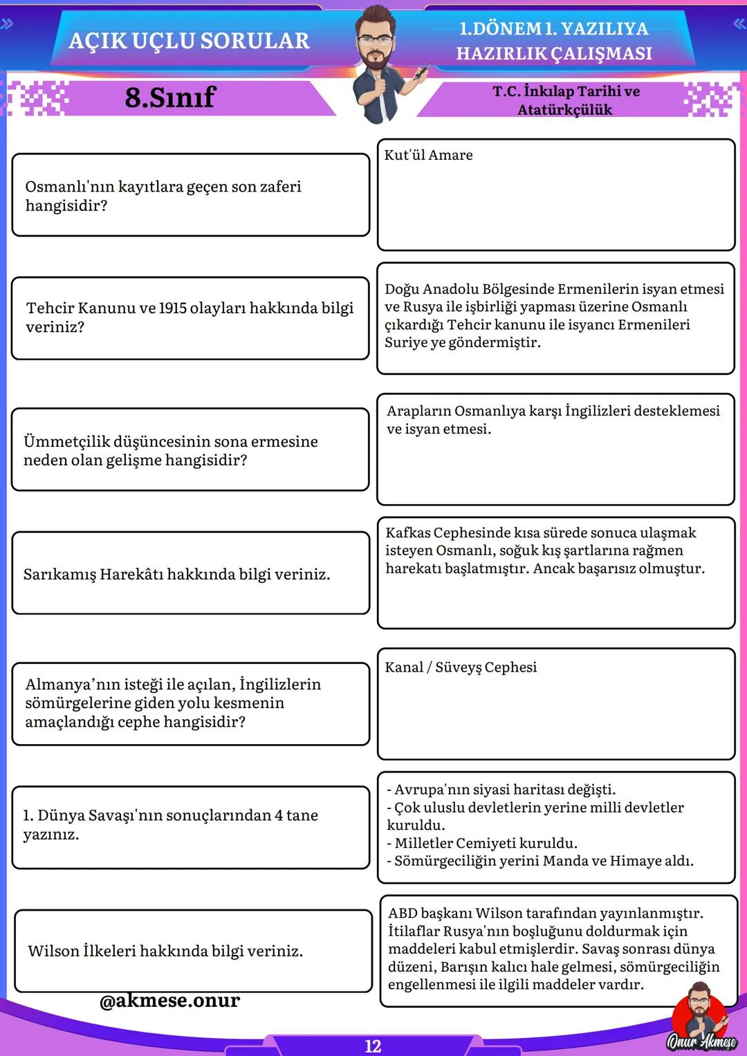 AÇIK UÇLU SORULAR
8.Sınıf
1.DÖNEM 1. YAZILIYA
HAZIRLIK ÇALIŞMASI
T.C. İnkılap Tarihi ve
Atatürkçülük
TÜM ÜCRETSİZ ÇALIŞMALARA ULAŞMAK İÇİN W