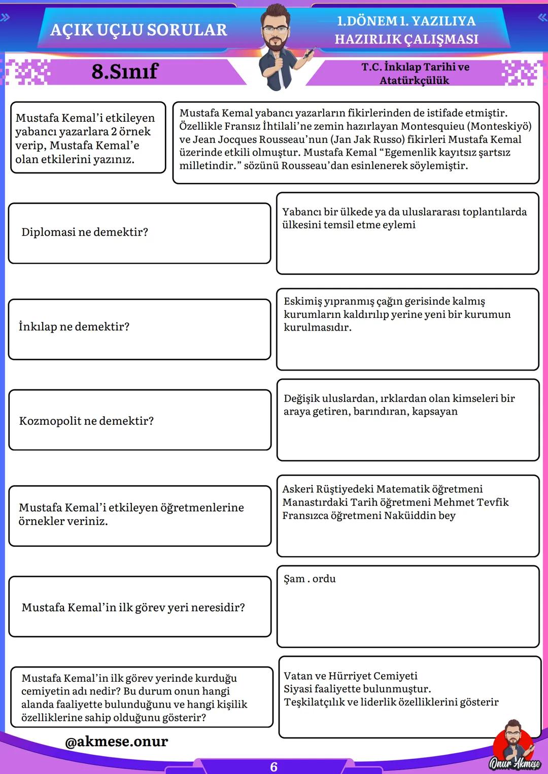 AÇIK UÇLU SORULAR
8.Sınıf
1.DÖNEM 1. YAZILIYA
HAZIRLIK ÇALIŞMASI
T.C. İnkılap Tarihi ve
Atatürkçülük
TÜM ÜCRETSİZ ÇALIŞMALARA ULAŞMAK İÇİN W