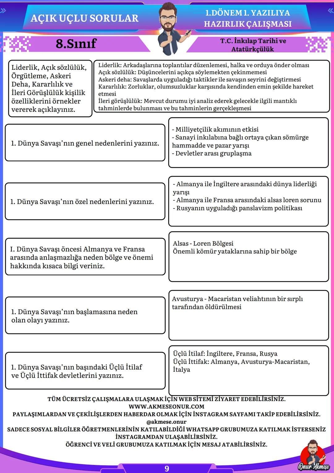 AÇIK UÇLU SORULAR
8.Sınıf
1.DÖNEM 1. YAZILIYA
HAZIRLIK ÇALIŞMASI
T.C. İnkılap Tarihi ve
Atatürkçülük
TÜM ÜCRETSİZ ÇALIŞMALARA ULAŞMAK İÇİN W