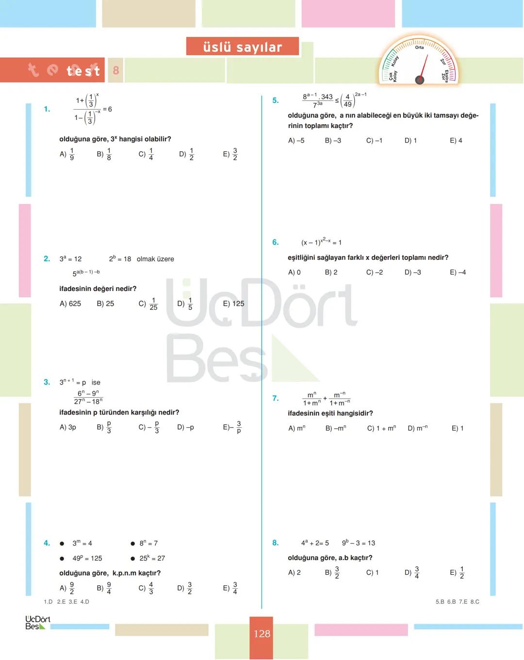 # test 1
üslü sayılar
1.
$4^3 \cdot 2^4$
işleminin sonucu kaçtır?
A) $2^{10}$ B) $2^9$ C) $2^8$ D) $2^7$ E) $2^6$
2.
$(-1)^2+(-2)^3$