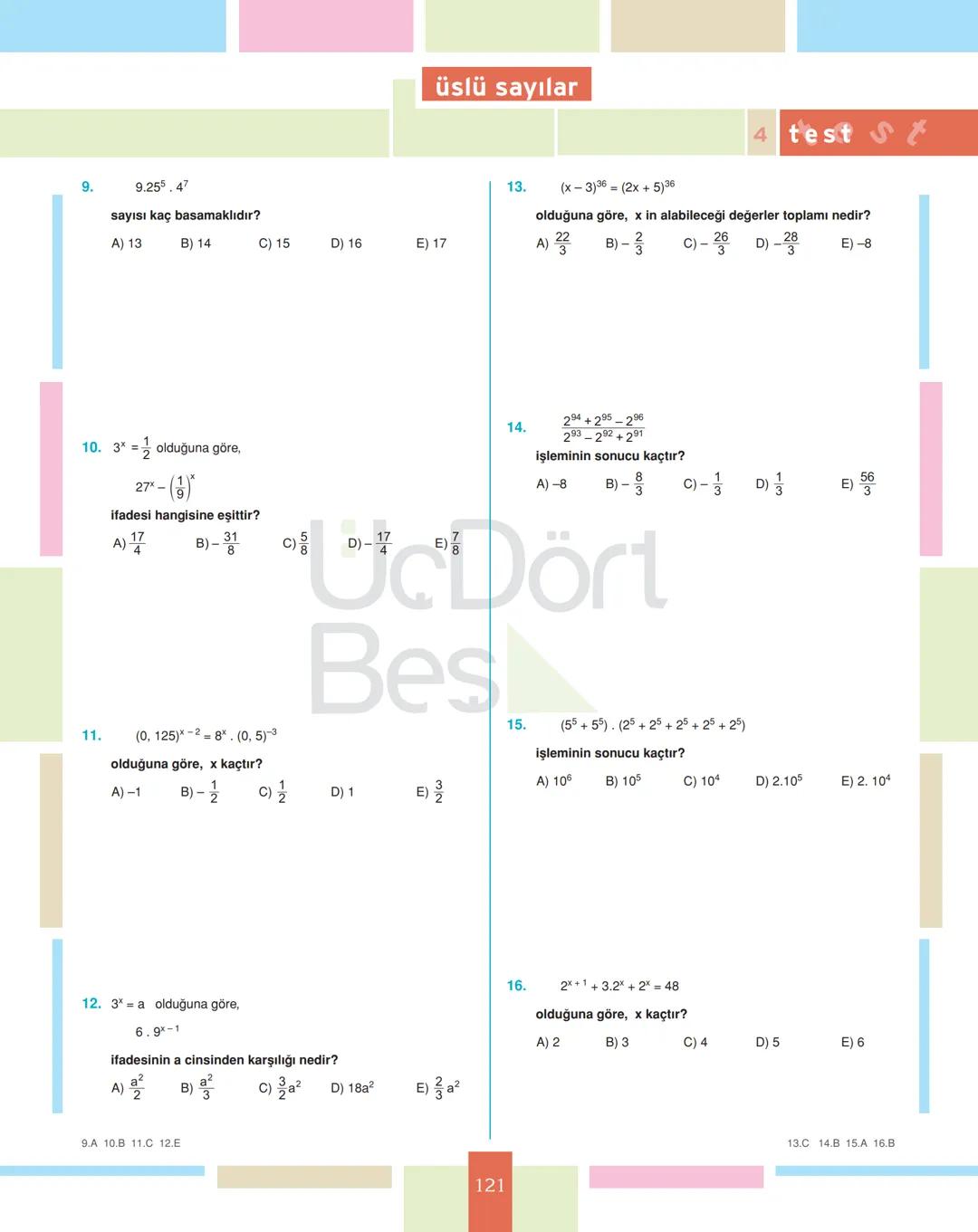 # test 1
üslü sayılar
1.
$4^3 \cdot 2^4$
işleminin sonucu kaçtır?
A) $2^{10}$ B) $2^9$ C) $2^8$ D) $2^7$ E) $2^6$
2.
$(-1)^2+(-2)^3$