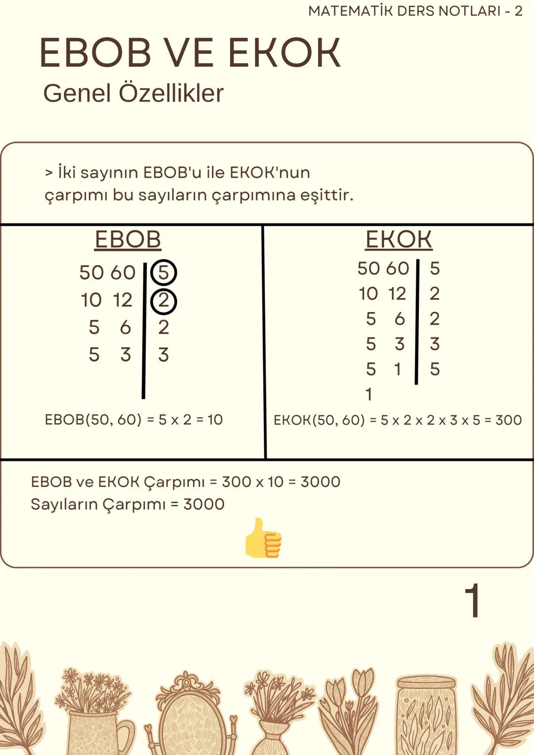 MATEMATİK DERS NOTLARI - 2
# EBOB VE ЕКОК
## Genel Özellikler
> İki sayının EBOB'u ile EKOK'nun
çarpımı bu sayıların çarpımına eşittir.
|
