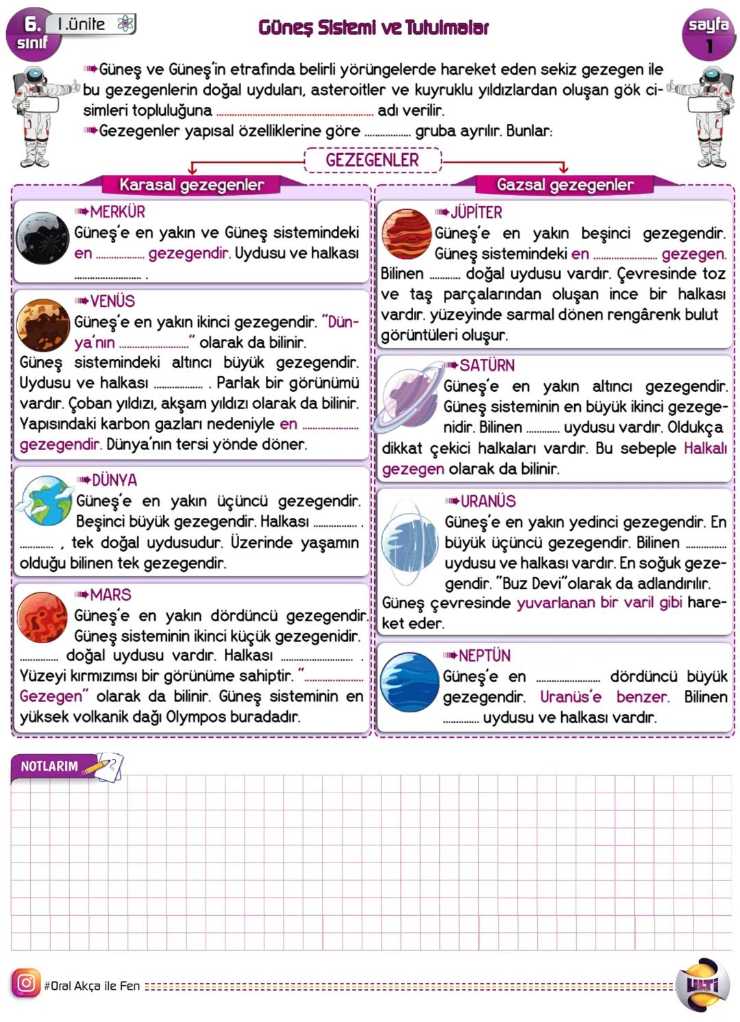 6. 1.Ünite
Sınıf
Güneş Sistemi ve Tutulmalar
sayfa
1
Güneş ve Güneş'in etrafında belirli yörüngelerde hareket eden sekiz gezegen ile
mb bu g