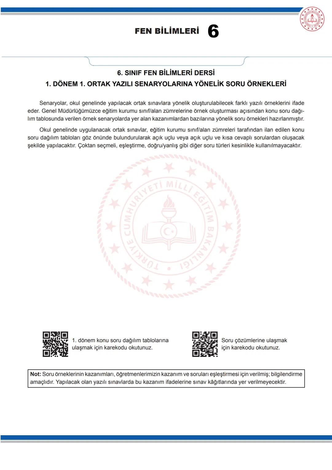 FEN BİLİMLERİ 6
6. SINIF FEN BİLİMLERİ DERSİ
1. DÖNEM 1. ORTAK YAZILI SENARYOLARINA YÖNELİK SORU ÖRNEKLERİ
Senaryolar, okul genelinde yapıla