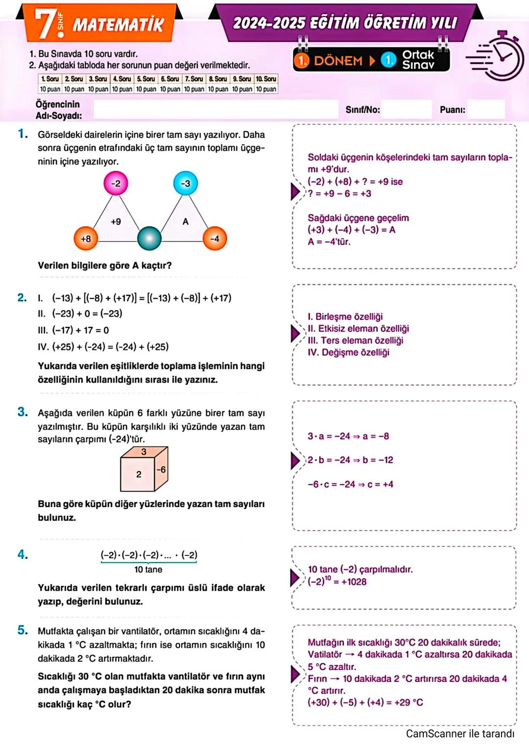 5 MATEMATİK
1. Bu sınavda 10 soru vardır.
2024-2025 EĞİTİM ÖĞRETİM YILI
2. Aşağıdaki tabloda her sorunun puan değeri verilmektedir.
1. S