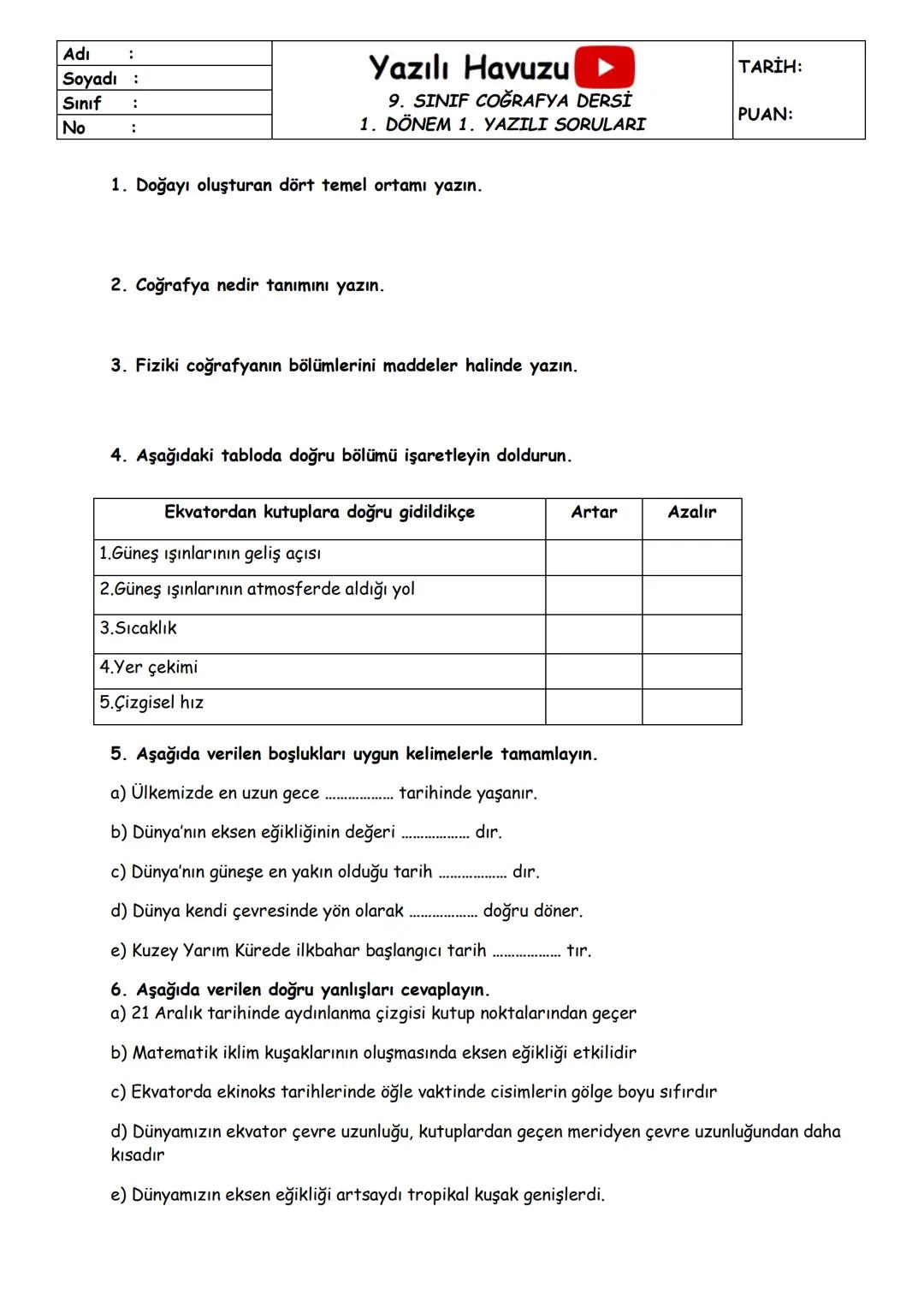 Adı
Yazılı Havuzu
9. Sınıf Türk Dili ve Edebiyat Dersi I. Dönem I. Yazılı Soruları
Soyadı
Sınıf
TARİH:
PUAN:
No
1) Aşağıdaki boşluklara hika
