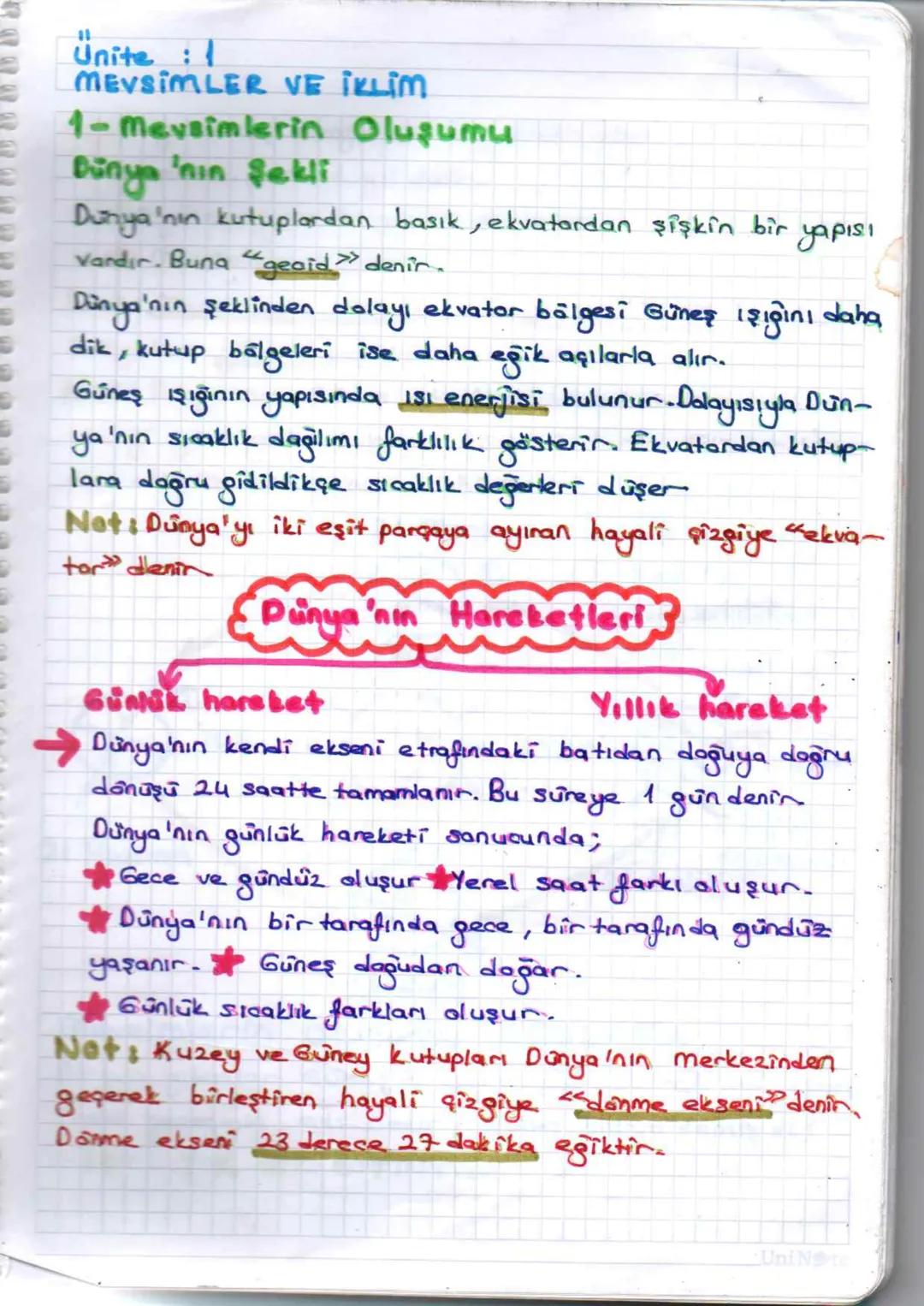 Ünite : 1
MEVSIMLER VE İKLİM
1-Mevsimlerin Oluşumu
Dünya 'nın şekli
Dunya'nın kutuplardan basık, ekvatordan şişkin bir yapısı
Vardır. Bu
