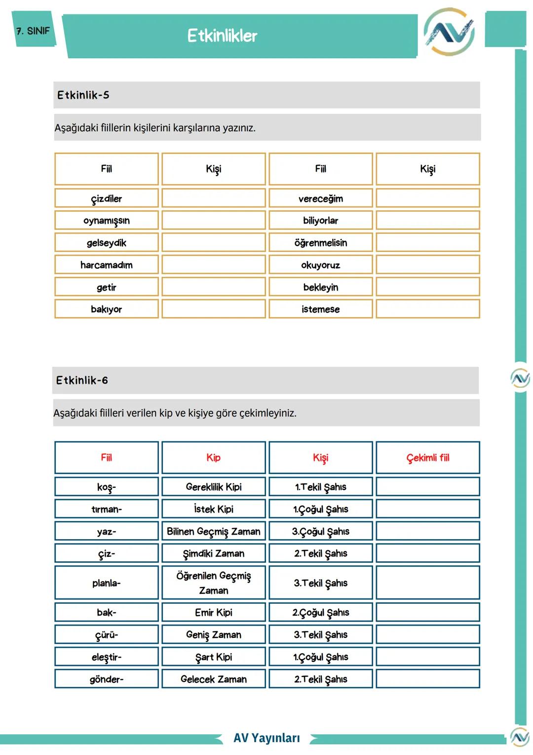 7. SINIF
İhtiyacın olan her şey bu kaynaklarda
AV Yayınları
7. Sınıf Fiiller
Konu Anlatımı - Etkinlik - Test
BAŞLANGIÇLARIN
EN KEYİFLİS