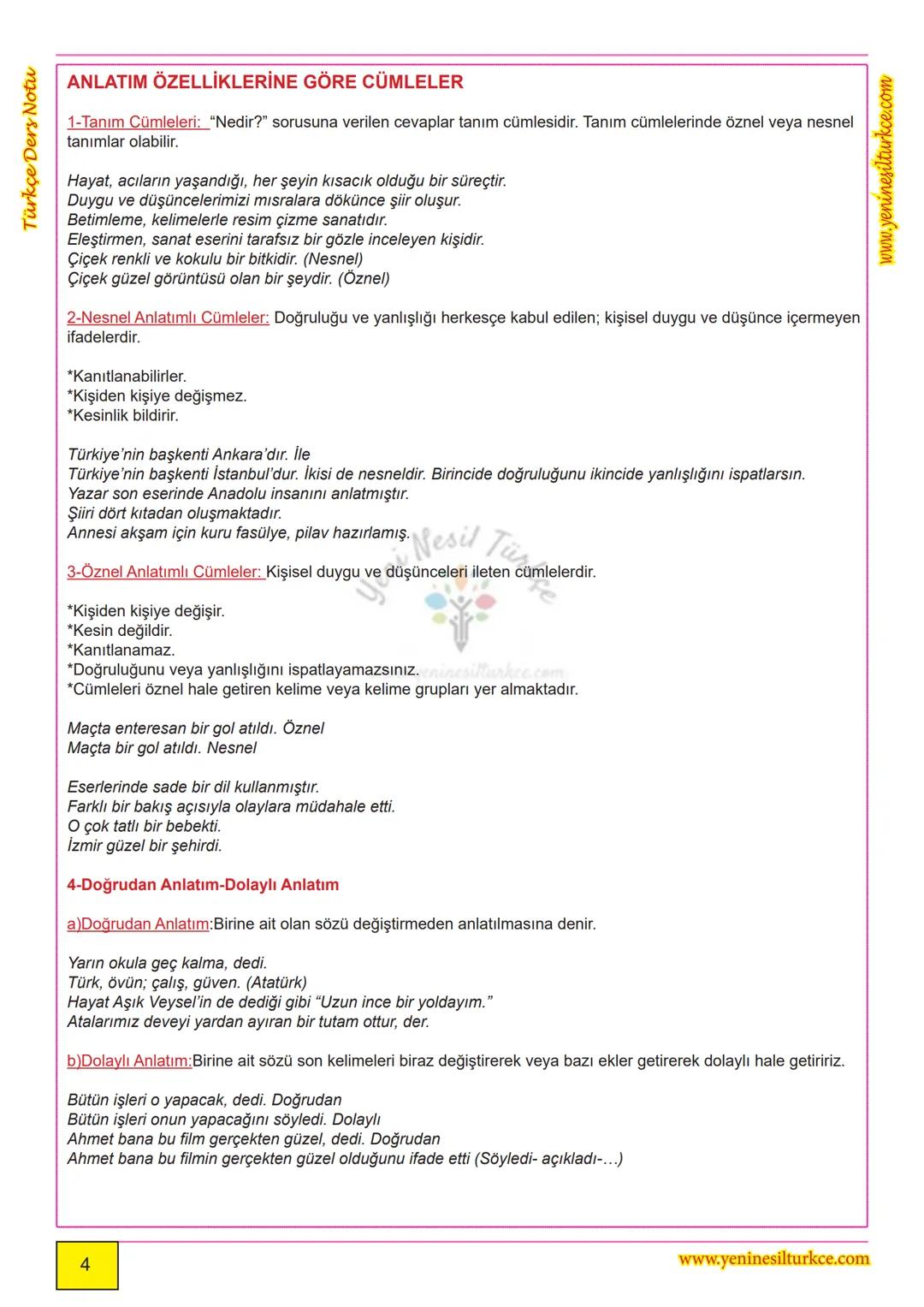 # Türkçe Ders Notu
# CÜMLEDE ANLAM
# A-ANLAM BAKIMINDAN CÜMLELER
www.yeninesilturkce.com
1-Eş ya da Yakın Anlamlı Cümleler: Aynı veya be