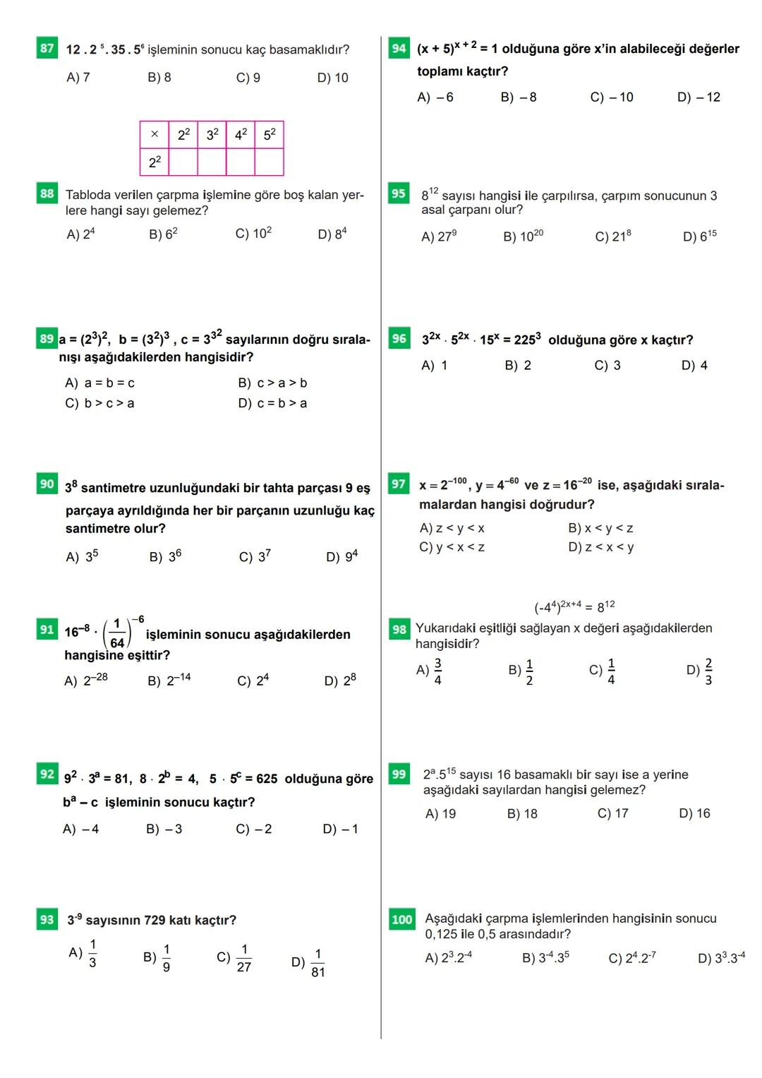 8.SINIF
ÜSLÜ İFADELER-2
100 Soruda Üslü İfadeler İle İlgili Temel Kavramlar
1 312.318 işleminin sonucu ağıdakilerden hangisine eşittir?
A