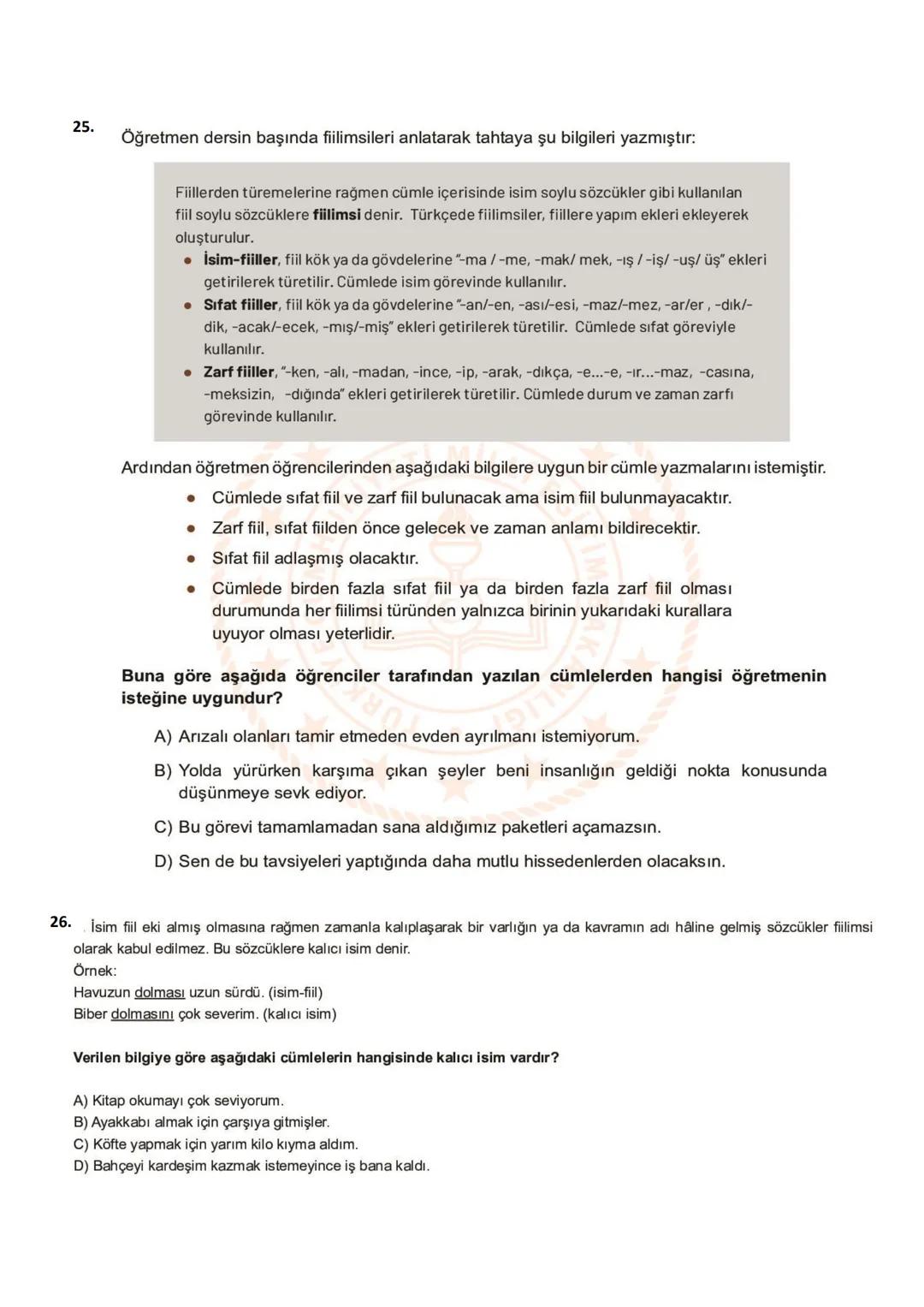 # TEOG, BURSLULUK, KAZANIM TESTLERİ
## ÇIKMIŞ SORULARI
1. Kitapta, beş duyumuzla tanıyıp
1
hoşlandığımız şeylerden, verimli çalışmanın
2
do