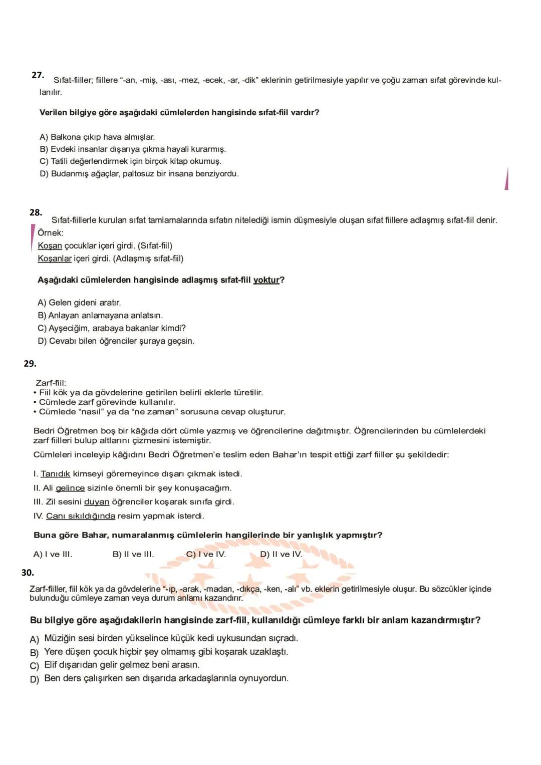 # TEOG, BURSLULUK, KAZANIM TESTLERİ
## ÇIKMIŞ SORULARI
1. Kitapta, beş duyumuzla tanıyıp
1
hoşlandığımız şeylerden, verimli çalışmanın
2
do