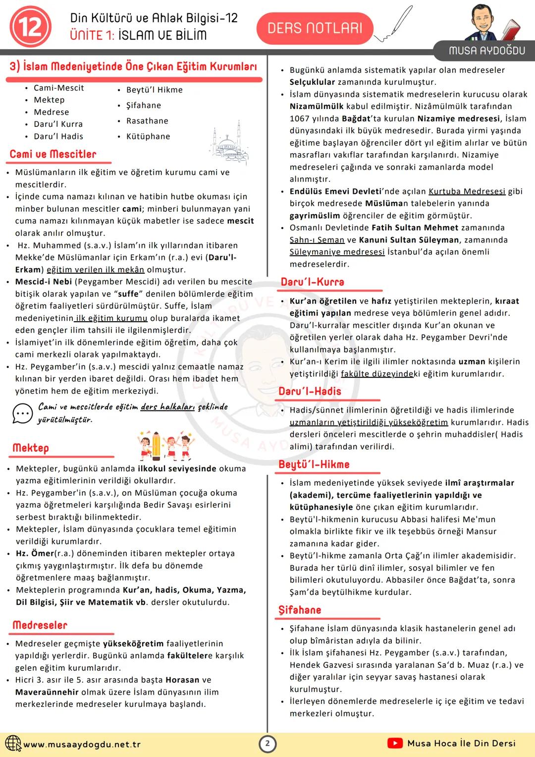 DİN KÜLTÜRÜ VE AHLAK BİLGİSİ
12
1.Ünite: İSLAM VE BİLİM
Ders Notları
TÜRÜ VE AHLAK B
★
◆ MUSA AYDOĞDU
MUSA AYDOĞDU
www.musaaydogdu.net.