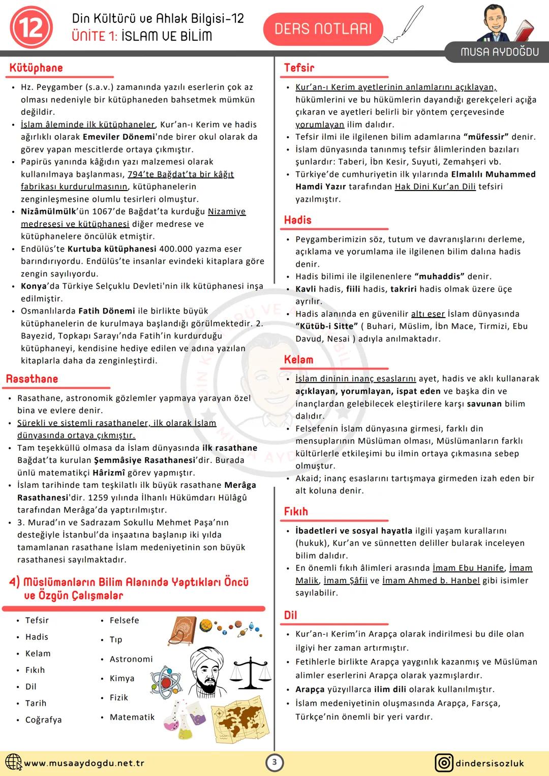 DİN KÜLTÜRÜ VE AHLAK BİLGİSİ
12
1.Ünite: İSLAM VE BİLİM
Ders Notları
TÜRÜ VE AHLAK B
★
◆ MUSA AYDOĞDU
MUSA AYDOĞDU
www.musaaydogdu.net.