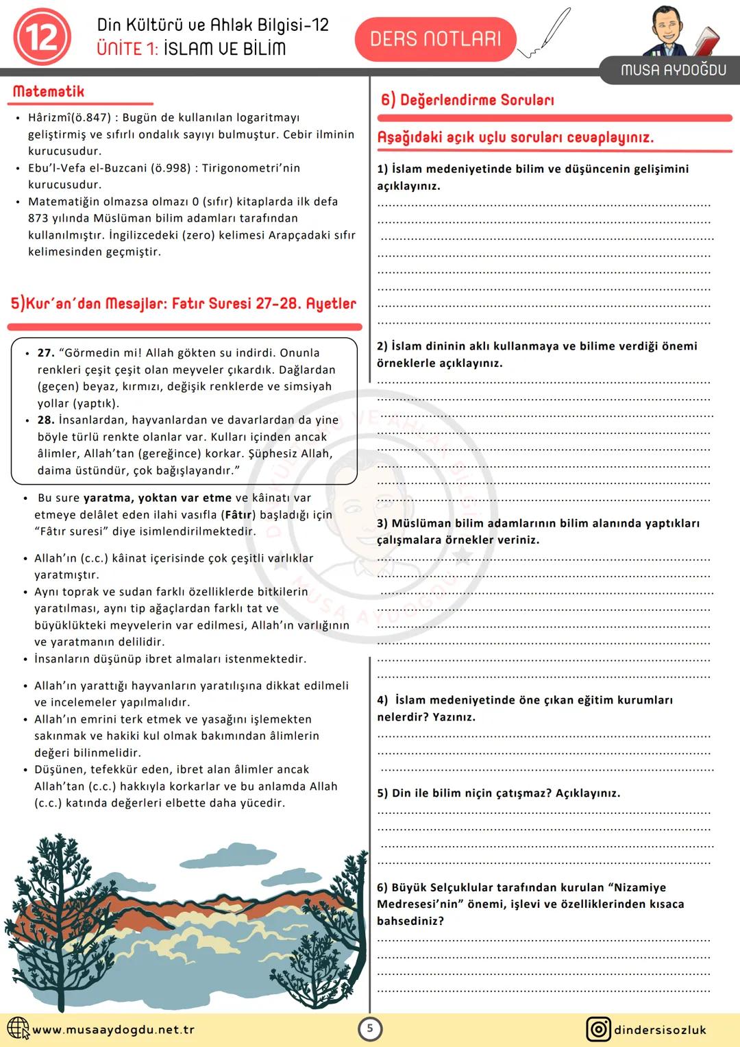 DİN KÜLTÜRÜ VE AHLAK BİLGİSİ
12
1.Ünite: İSLAM VE BİLİM
Ders Notları
TÜRÜ VE AHLAK B
★
◆ MUSA AYDOĞDU
MUSA AYDOĞDU
www.musaaydogdu.net.