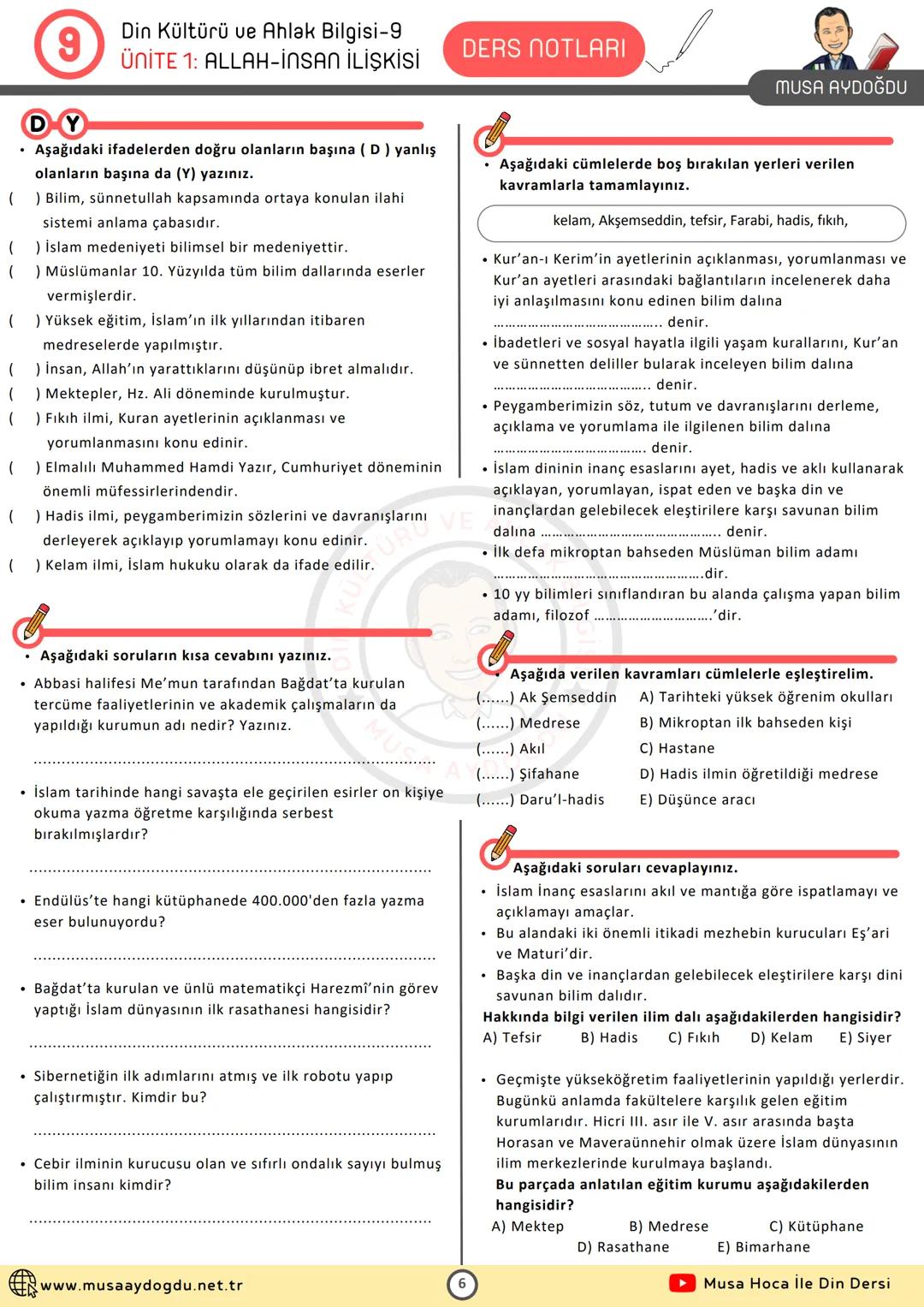 DİN KÜLTÜRÜ VE AHLAK BİLGİSİ
12
1.Ünite: İSLAM VE BİLİM
Ders Notları
TÜRÜ VE AHLAK B
★
◆ MUSA AYDOĞDU
MUSA AYDOĞDU
www.musaaydogdu.net.
