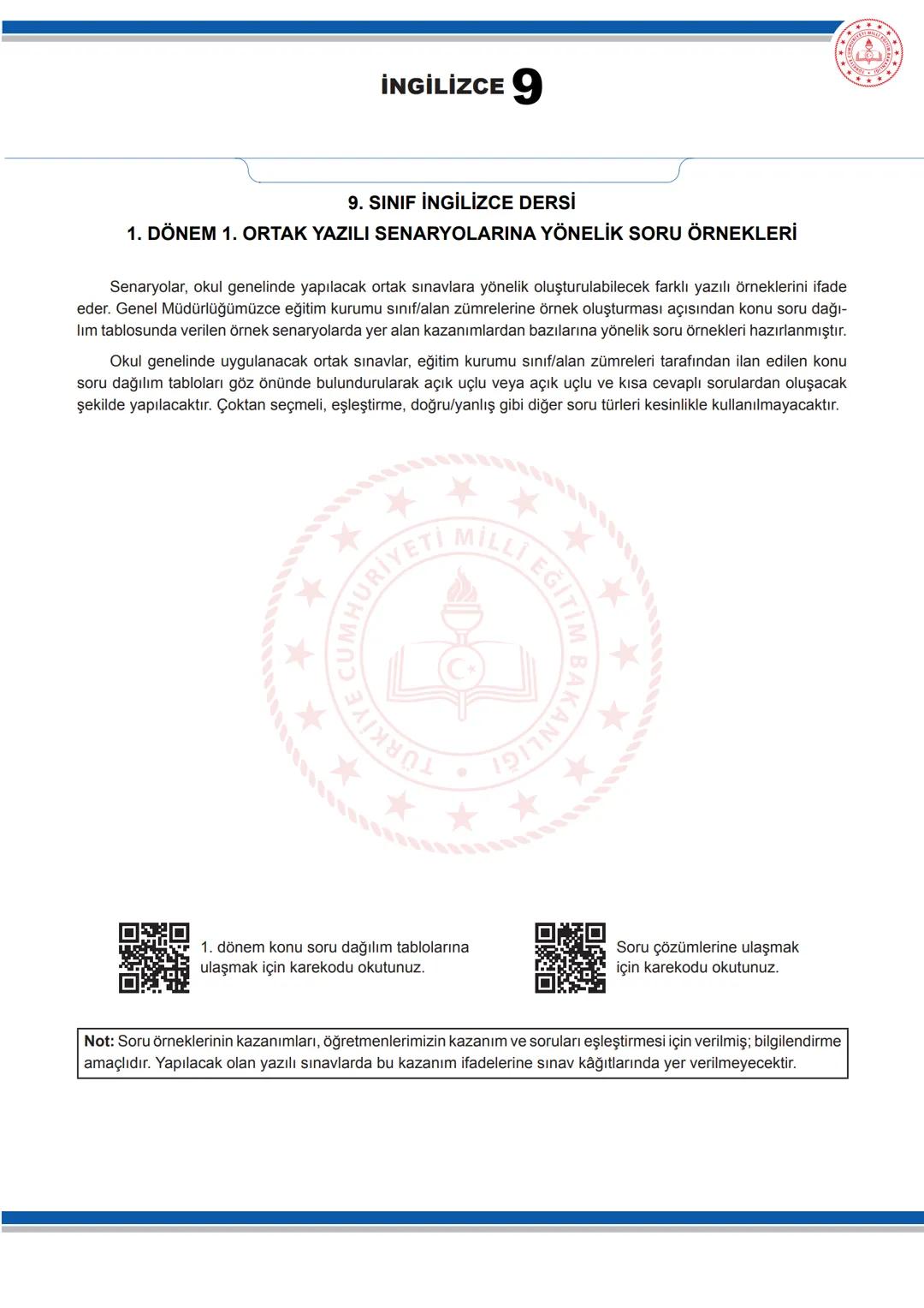 # İNGİLİZCE 9
9. SINIF İNGİLİZCE DERSİ
1. DÖNEM 1. ORTAK YAZILI SENARYOLARINA YÖNELİK SORU ÖRNEKLERİ
Senaryolar, okul genelinde yapılacak