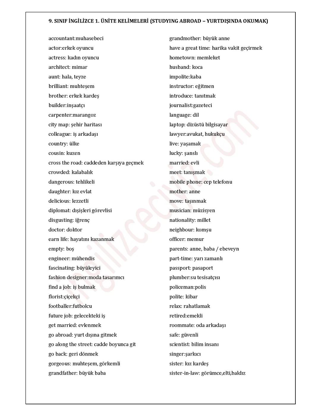 9 sınıf ingilizce kelimeler 1 ünite