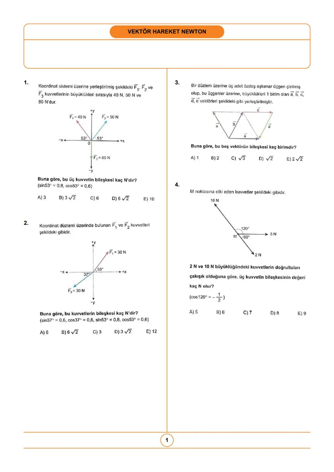 # VEKTÖR HAREKET NEWTON
1. Koordinat sistemi üzerine yerleştirilmiş şekildeki F, F₂ ve
F3 kuvvetlerinin büyüklükleri sırasıyla 40 N, 50 N v