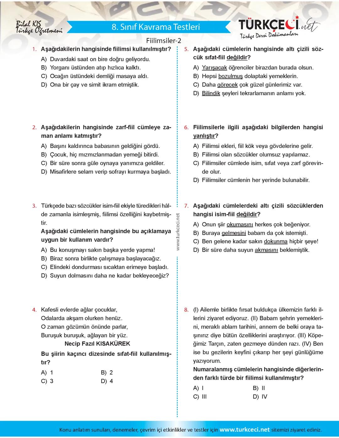 8.Sınıf Fiilimsiler test