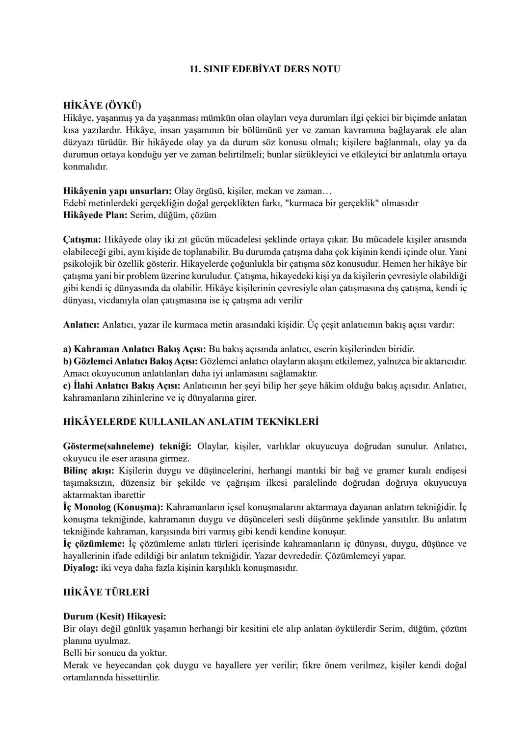 # 11. SINIF EDEBİYAT DERS NOTU
# HİKÂYE (ÖYKÜ)
Hikâye, yaşanmış ya da yaşanması mümkün olan olayları veya durumları ilgi çekici bir biçimd