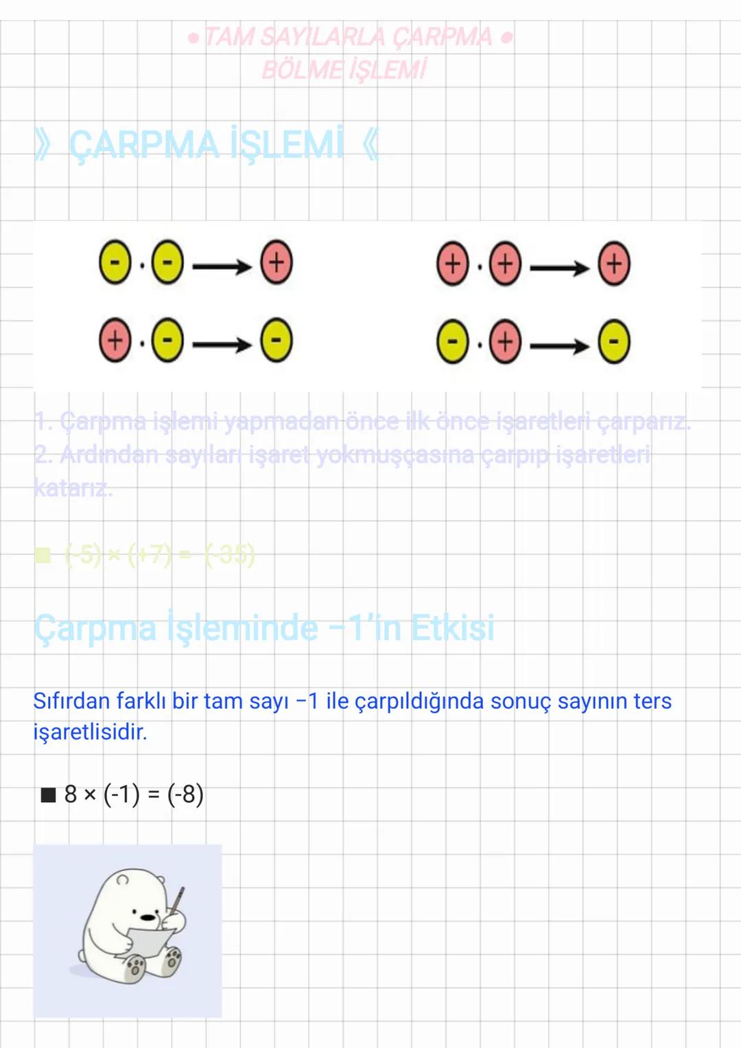 ⚫TAM SAYILARLA ÇARPMA ●
BÖLME İŞLEMİ
ÇARPMA İŞLEMİ
+
0-0·0
(+)
→ 0
0.0 0
1. Carpma İşlemi yapmadan önce ilk önce işaretleri çarparız
2. Ardı