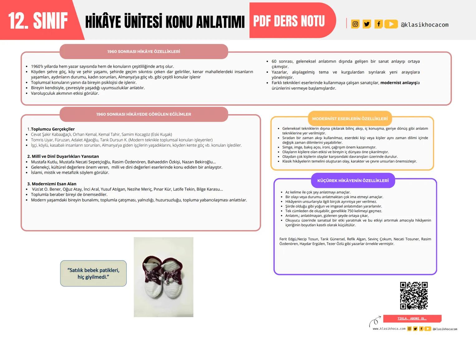 # 12. SINIF HİKÂYE ÜNİTESİ KONU ANLATIMI PDF DERS NOTU
f @klasikhocacom
1960 SONRASI HİKÂYE ÖZELLİKLERİ
* 1960'lı yıllarda hem yazar sa