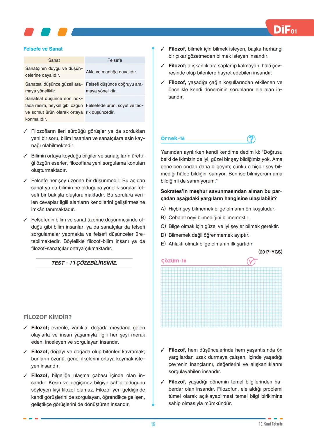 DİF
FELSEFE
FELSEFEYİ TANIMA
10.1.1. Felsefenin anlamını açıklar.
10.1.2. Felsefi düşüncenin özelliklerini açıklar.
10.1.3. Felsefenin insan