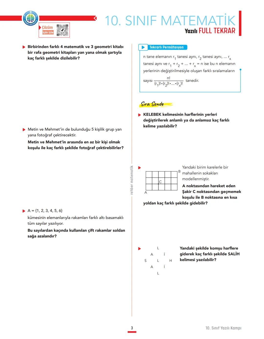 Çözüm
için izle
# 10. SINIF MATEMATİK
## Yazılı FULL TEKRAR
SAYMA OLASILIK
► Toplama Yolu ile Sayma
Sonlu ve ayrık kümelerin veya bağlacı