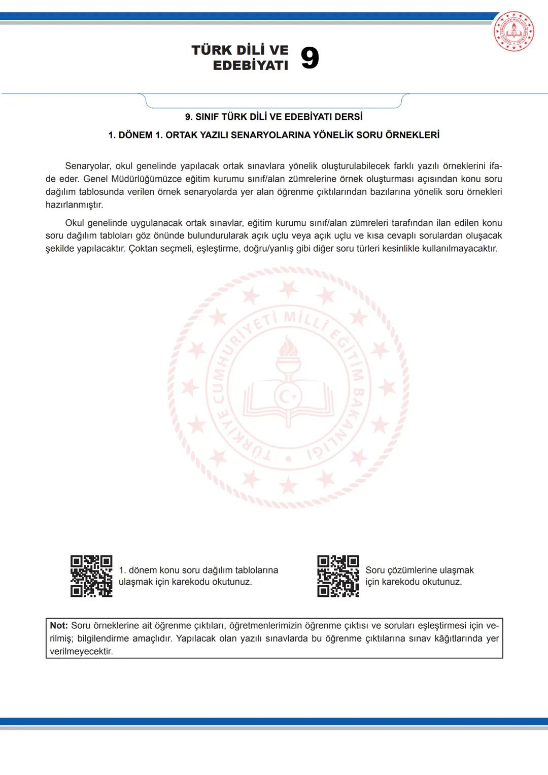 TÜRK DİLİ VE
EDEBİYATI
9
9. SINIF TÜRK DİLİ VE EDEBİYATI DERSİ
1. DÖNEM 1. ORTAK YAZILI SENARYOLARINA YÖNELİK SORU ÖRNEKLERİ
Senaryolar, oku