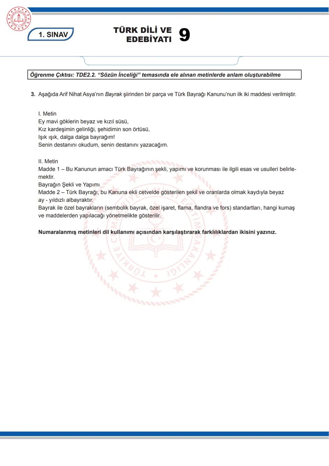 TÜRK DİLİ VE
EDEBİYATI
9
9. SINIF TÜRK DİLİ VE EDEBİYATI DERSİ
1. DÖNEM 1. ORTAK YAZILI SENARYOLARINA YÖNELİK SORU ÖRNEKLERİ
Senaryolar, oku